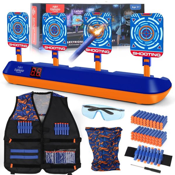 Lehoo Castle Electronic Shooting Targets, Digital Target for Nerf Guns with Auto-Reset, Scoring Shooting Games Includes Kids Tactical Vest, 60 Bullets, Glasses, Gift Toy for Kids Boys Girls