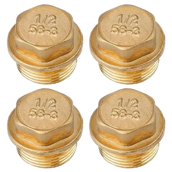 4 Messing-Blindstopfen, G1/2“ (Ø20mm), Messing-Sechskant-Schlauchkappe, Messing-Endstopfen für Rohrverbindungen, Außengewindefittings für Wasserleitungen (Stopfen Ag, 1/2")