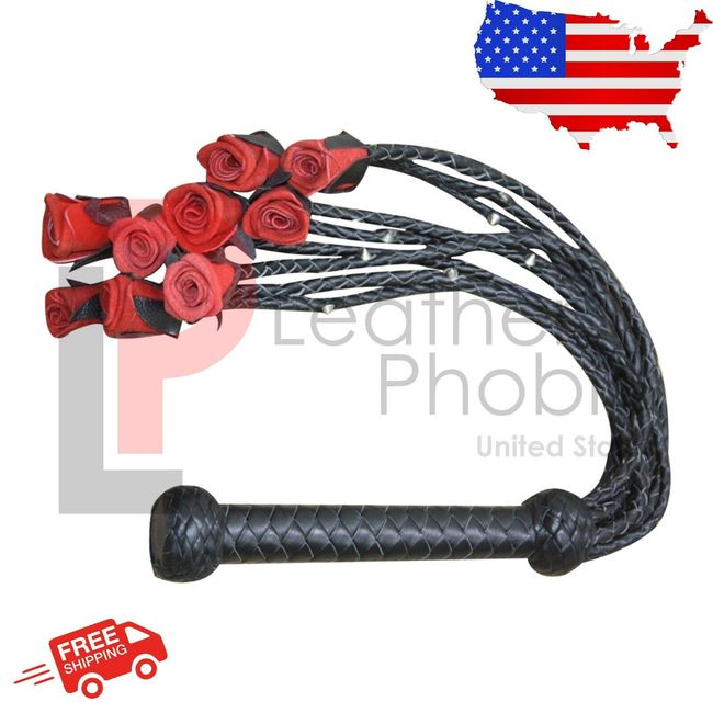 Real Leather Flogger with Red Rose and Steel Studded Whip Thick Heavy Duty whip
