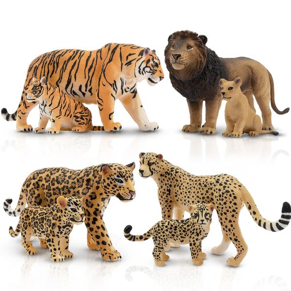 TOYMANY 8PCS Wildlife Figures Animal Figures Set Wildlife Family Lion Tiger Jaguar Cheetah Child Realistic Animal Model Popular Animals Toy Birthday Present Christmas New Year Ornament Collection 6+ Years Old