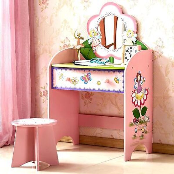 Vanity Set with Mirror and Stool, Beauty Makeup Vanity Table with Large Drawe...