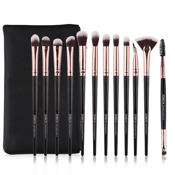 Z'OREYA Eye Makeup Brushes, 12 Pcs Professional Eye Brush Set Eyeshadow, Eyebrow, Blending, Fan, Eyelash Brushes Set With Carrying Bag (Black)