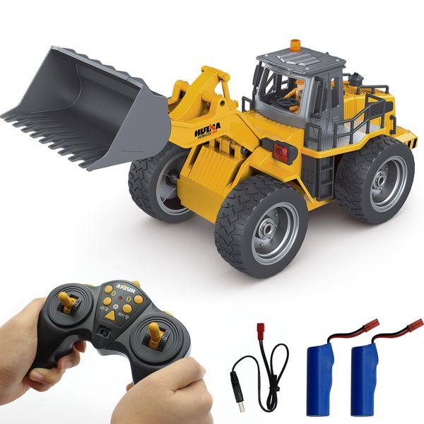 Fistone 9 Channel RC Front Loader, 4WD Alloy Shovel Loader Tractor, 2.4Ghz RC Bulldozer Construction Vehicle Radio Control Tractor Truck Toy with Lights for Kids Age 8-12 Years Old