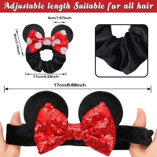 UHOMENY 3PCS Mouse Ears Hair Bows for Girls, Cute Hair Bows Set Sequin Bows Ponytail Hair Ties Velvet Scrunchies Elastic Rubber Hair Band (Black-Red White Dot + Red Dot-Red + Black-Red)