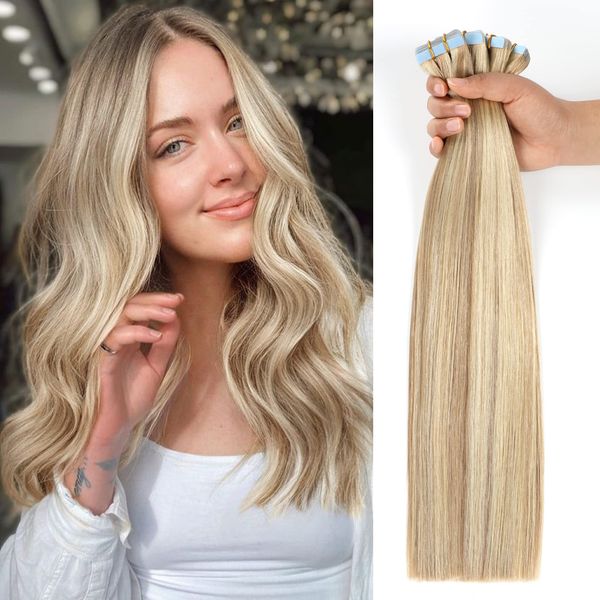 Tape in Extensions Echthaar,Blond,35cm 20 Stück, Invisible Tape Extensions HaarverläNgerung Echthaar(40g/Pack)