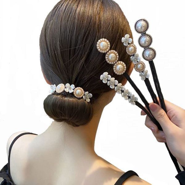 ericotry 4Pcs Magic Hair Bun Maker Flower Hairpins Hair Twist Curler DIY Hair Styling Tool Decorated with Pearls and Small Fowers for Fine Hair Ladies and Girls