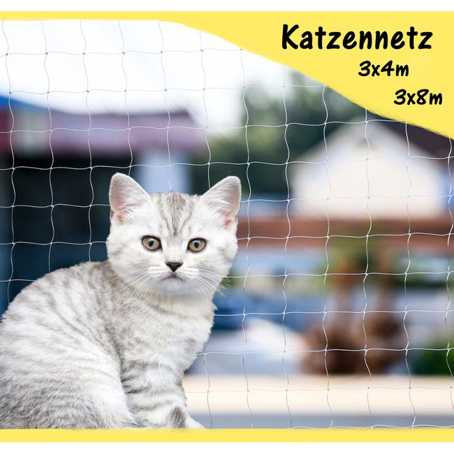 8x3m Katzennetz für Balkon & Fenster Katzenschutz-Netz ohne Bohren Balkonschutz + 25m Befestigungsseil Balkonnetz extra transparent + sicher inkl. Montage Set Schutznetz Bissfest durchsichtig