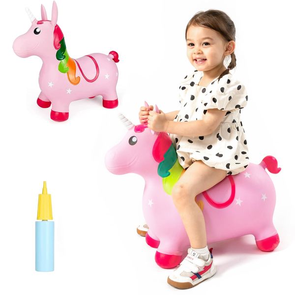 INPANY Pink Unicorn Hopper, Horse Hopper, Bouncy Inflatable Animal Ride-on Toy for Children, Boys and Girls, Toddlers (Includ Pump)