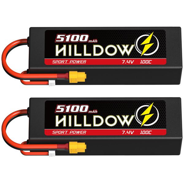 Hilldow 2S Lipo Battery 7.4V 100C 5100mAh RC Battery XT60 Connector Hard Case for 1/8 1/10 RC Car Vehicles RC Buggy Truggy RC Airplane UAV Drone(2 Packs)