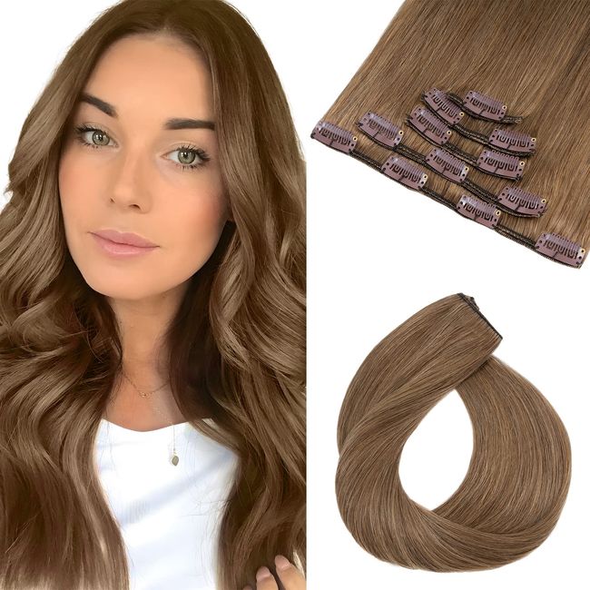 Elailite 5 PCS Echthaar Extensions Clip - Clip in Extensions Haarverlängerung - 12 Clips Clip Extensions Echthaar Günstig - glatt - 16"(40cm 60g) #06 Hellbraun