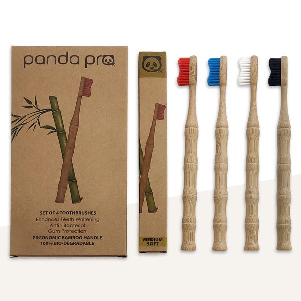 Natural Bamboo Toothbrushes (4 Pack) - Eco Friendly Gifts - Medium Soft BPA Free Anti-Bacterial Charcoal Infused Tapered Bristles - Teeth whitening - Biodegradable Ergonomic Wooden Handle