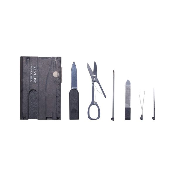 Revlon Men's Series 8 in 1 Multi Tool, 8 Pc Travel Grooming Kit includes Stainless Steel Scissors, Tweezers, Nail File, Reusable Toothpick, LED Light, Ruler, Knife, and Pen