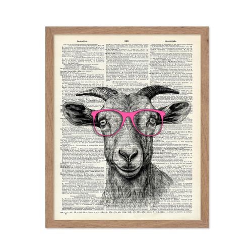 Poster Master Dictionary Art Poster - Goat in Pink Glasses Print - Goat Art - Gift for Men, Women & Animal Lover - Funny Decor for Living Room, Bedroom, Kid's Room or Nursery, 11x14 Brown Framed