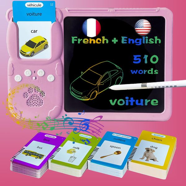 HALCONTORNO Drawing Writing Tablet for Toddlers - Talking English French Flash Cards for Kids 3-12, Bilingual Sensory Toys for Autistic Children, 510 Sight Words, Travel Activity for 4 Year Old (Pink)