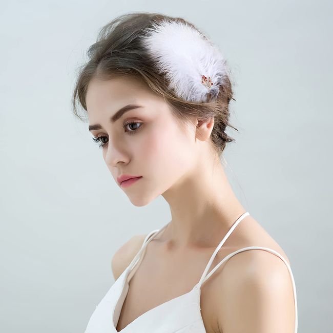 MWOOT 4 Stück Weiße Feder Fascinators Haarspangen, Handgemachte Feder Kopfschmuck Strass Haarspangen, Haarspangen Kopfschmuck für Damen und Mädchen, Party Haarnadeln Haarschmuck