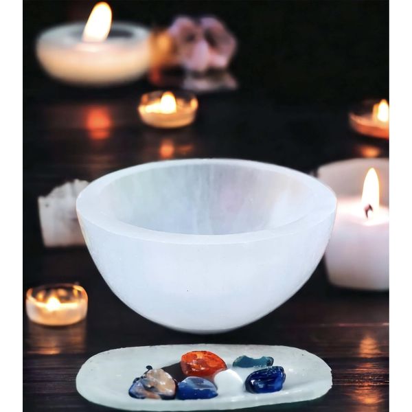 4All Selenite Crystals Round Cleansing Bowl Selenite Stone Super Natural Spirit Healing Plate White Natural Meditation Tool Handmade Tumbles Jewelry Storage for Decoration Gift (14cm)