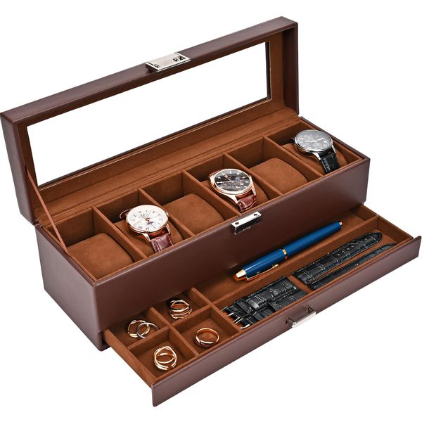 ProCase Watch Box Organizer for Men, 6 Slot Watch Display Case with Drawer, Father's Day Gift Mens Watch Holder Watch Case for Men, 6 Watch Box 2-layer Jewelry and Watch Storage Case -Espresso