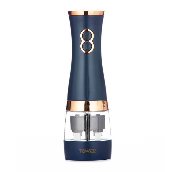 Tower T847004MNB Electric Salt and Pepper Mills, Battery Operated with Adjustable Ceramic Grinders, Midnight Blue and Rose Gold