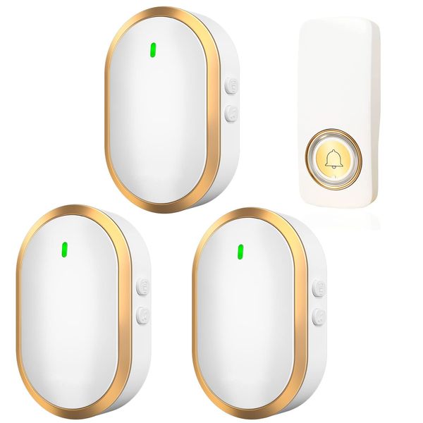 Wireless Chime, Doorbell, Self-Powered, No Batteries Required, Push Button Transmitter, IPX7 Waterproof, Call Bell, Nursing Sites, Entryways, Offices, Restaurants, etc. (1 Transmitter x 3 Receiver)