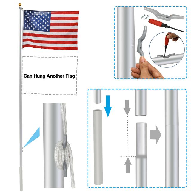 Sectional Flag Pole 3x5' US Flag Kit with 25' Aluminum Outdoor Pole and Hardware