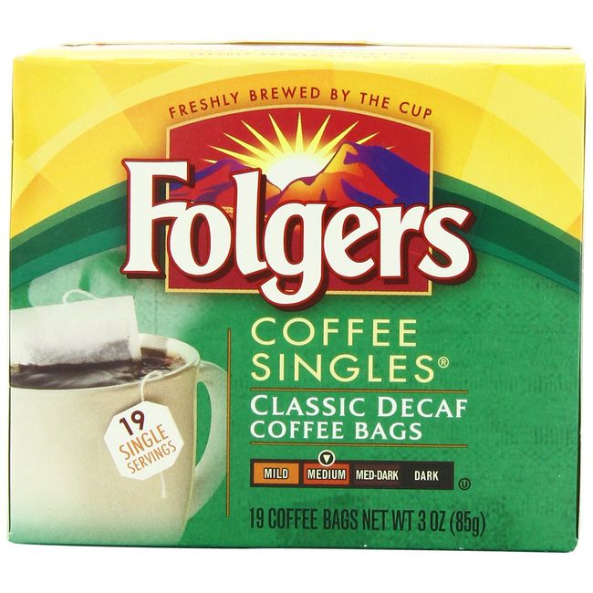 Folgers Coffee Singles Medium Roast Decaf Coffee Bags, 19 Count (Pack of 6)