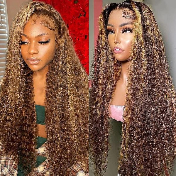 Labamiya Highlight Jerry Curly Human Hair Wig 4x4 T Closure Glueless Wigs Human Hair Pre Plucked Pre Cut Lace Closure Glueless Wigs Elastic Band 200% Density P4/30 Honey Blonde Color