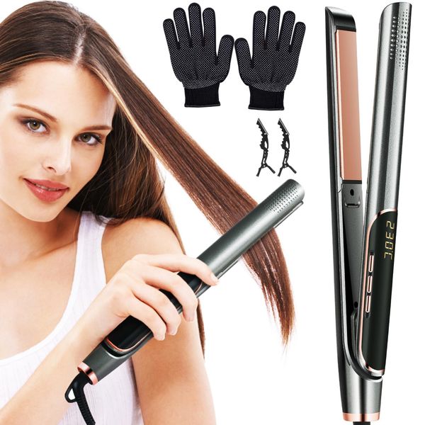 Cornesty Hair Straightener and Curler 2 in 1 Curling Iron Portable Hair Flat Iron Styling Tool, Ceramic Floating Plates | Quick Heat Up | Security Lock | 212℉~450℉, with Gloves and Hair Clips