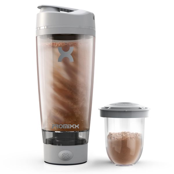 Promixx Pro Shaker Bottle | Rechargeable, Powerful for Smooth Protein Shakes | includes Supplement Storage - BPA Free | 600ml Cup (Cool Gray)