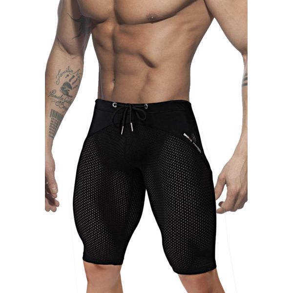 MIZOK Men's Yoga Capris Mesh Quick Dry Swimwear Workout Shorts(Black,X)