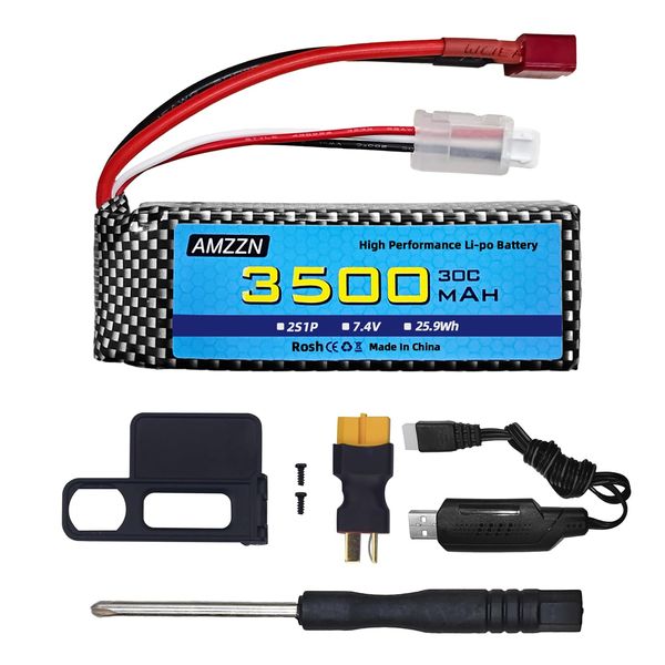 AMZZN 7.4V 3500mah 30C 2S Lipo Battery With T-Plug And USB Charging Cable for MJX H16 H16P H16E H16GT H16BM H16DR H16PL 14301 RC Car High-Speed Drift Model Toy Car Upgrade Battery (1PCS Battery+1 USB)