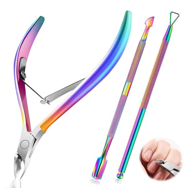 Set of 3 Cuticle Nippers with Cuticle Pusher, Cuticle Trimmer, Stainless Steel Cuticle Push, Professional Cuticle Nipper Set, Cuticle Scissors for Fingernails and Toenails