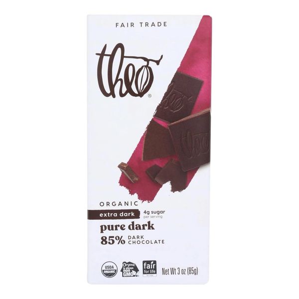 Theo Chocolate Pure Organic Dark Chocolate Bar 85% Cacao, 12 Pack | Vegan, Fair Trade