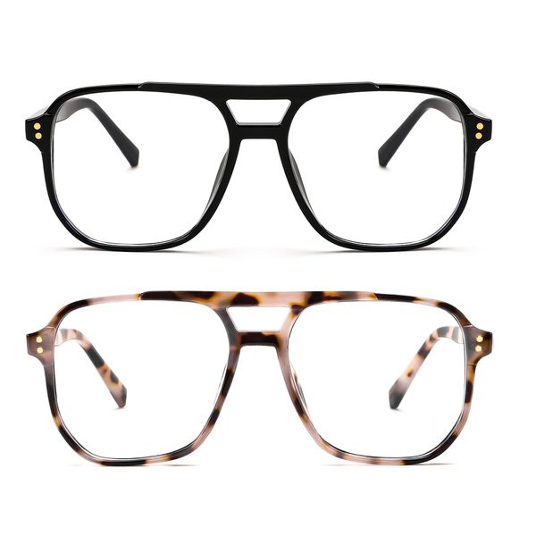 FEISEDY 2Pack Blue Light Blocking Glasses Fake Nerd Clear Square Computer Lightweight Pilot Glasses Frame Oversized B2866