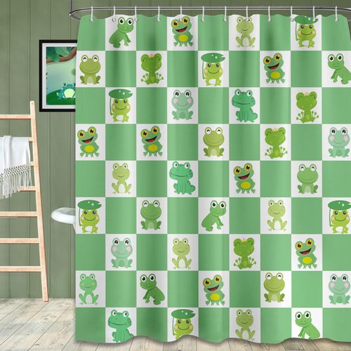 puuiui Frog Shower Curtain Checkered Kids Cute Toddler Green Cartoon Kawaii Bathroom Decor, Waterproof Cloth Fabric with Hooks, 60x72 inch