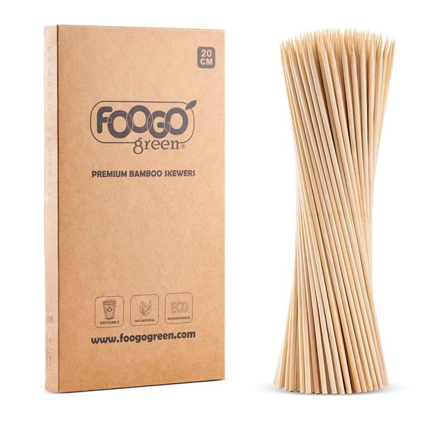 FOOGO Green 250pcs Bamboo Skewers, Medium 20cm, FSC® Certified, Sturdy Eco-Friendly Compostable, Wooden skewers, Barbecue BBQ skewers, Fruit Kebabs Cocktail Burger Sandwich, Party, Wedding, Camping