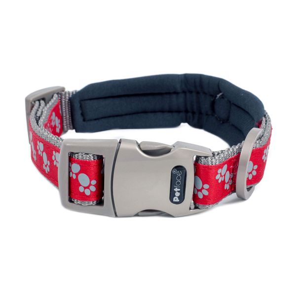 Petface Signature Padded Dog Collar, Small, Red With Grey Paws