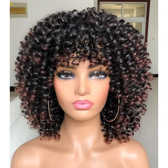 ANNIVIA Short Curly Wig for Black Women with Bangs Big Bouncy Fluffy Kinky Curly Wig Heat Resist Soft Synthetic Short Curly Afro Wig (Dark Brown)