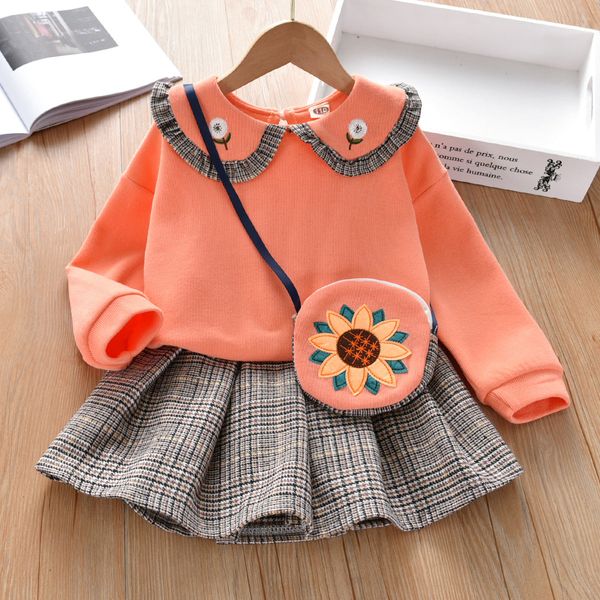 Baby Girl Floral Patches Doll Neck Pullover Hoodie Combo Pleated Skirt Sweet Vintage Style Sets - 90 (12-24M) / Orange