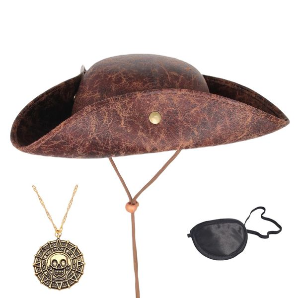 Topcosplay 3 Piece Set Brown Pirate Hat Tricorn Hat with Necklace and Eye Patch Halloween Pirate Costume Accessories