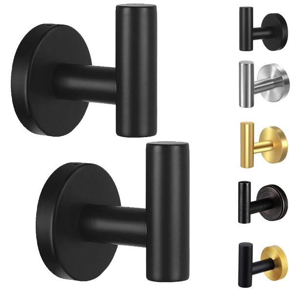 Kruodop Towel Hooks for Bathroom,2 Packs Wall Mount Towel Holder,Black Matte Wall Robe Hook,Stainless Steel Heavy Duty Door Hanger Towel Hook for Kitchen, Bedroom,Hotel,Pool,Coats(Drilling)