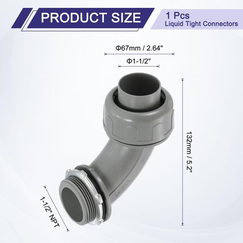 uxcell Nonmetallic Liquid Tight Connector, 1-1/2" NPT Plastic Flexible 90 Degree Conduit Fitting for Conduit, Pipe Tube Connection and Leakproof, Gray