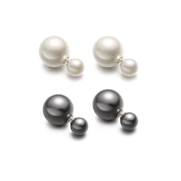 MichelleYoung Two Pairs of Double Sided White Pearl and Grey Pearl Sterling Silver Earrings Women Fashion Elegant Faux Pearl Double Front Back Ball Stud Earrings