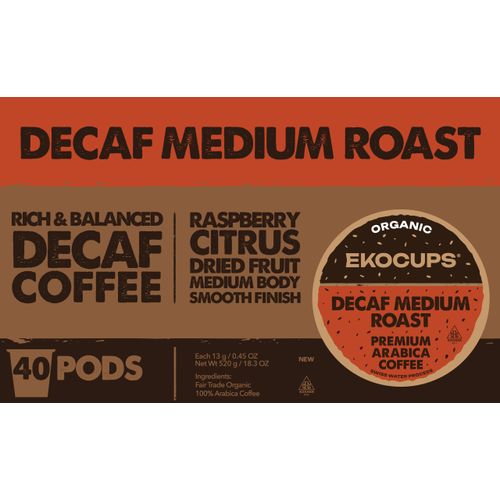 EKOCUPS Organic Swiss Water Decaf Medium Roast Coffee Pods, 30% More Coffee Per Cup, Fair Trade Decaffeinated Coffee for Keurig K Cup Machines, Recyclable Pods, 40 Count