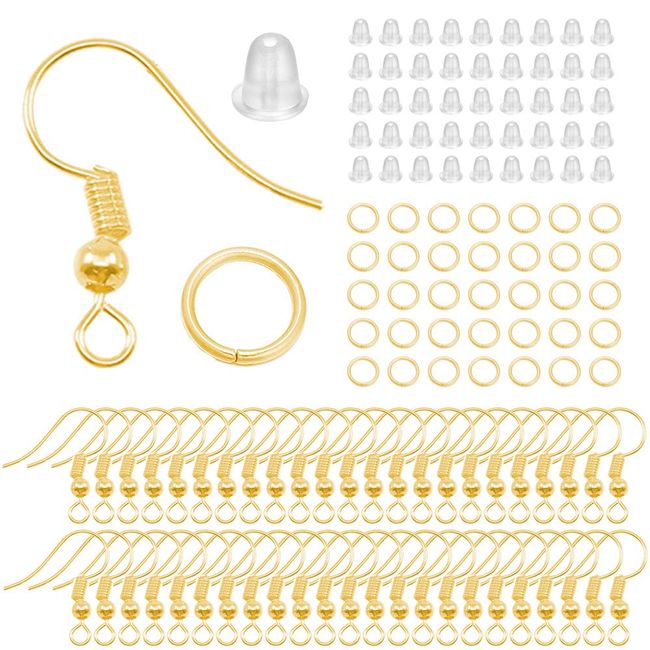 Arti-Cipes Piercing Hooks, Approx. 100 Pairs (300 Pieces) Set, Round Balls, Fishhook Earrings, Metal Allergies, Comes with Backs, Piercing Hardware, For Jewelry, Jump Ring Parts, DIY Material, Handmade (Gold - 100 Pairs)