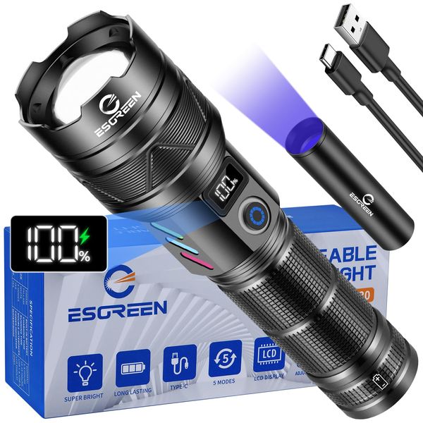 Rechargeable Torches LED Super Bright 250000 Lumens, Powerful USB C LED Torch Light with Mini UV 365nm Touch, High Power Tactical Flashlight, Strong Hand Flash Light for Security Dog Walking Camping