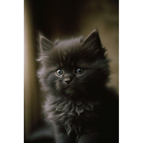 SMALL BLACK CUTE FLUFFY KITTEN (Borderess) AI Poster Art Print 19x13"