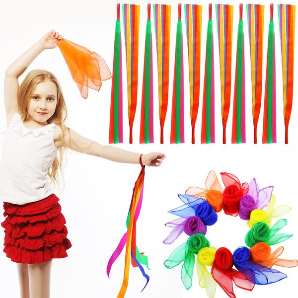 24 Pcs Rainbow Streamers Juggling Scarves Ribbon Scarves for Kids Rhythm Streamers Dance Scarves Gymnastics Accessories Magic Props Rainbow Dancing Party Favors for Kids Adults Party Dancer Play