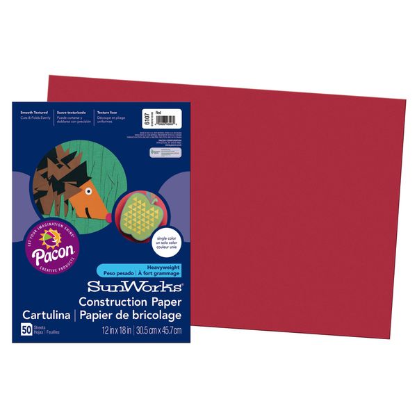 Pacon Corporation 6107 Construction Paper, Film Wrapped, 12-Inch x18-Inch, 50Shts/PK, RD