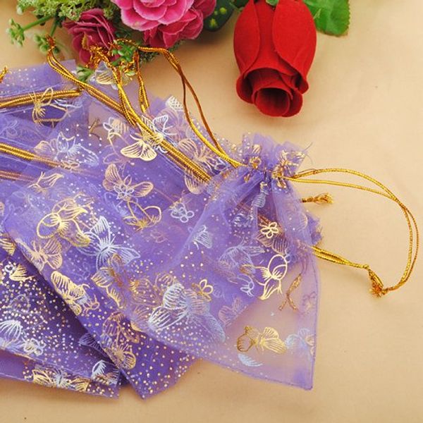 100pcs Butterfly Purple Eyelash Organza Drawstring Pouches Jewelry Party Wedding Favor Gift Bags 3.8"x4.7"