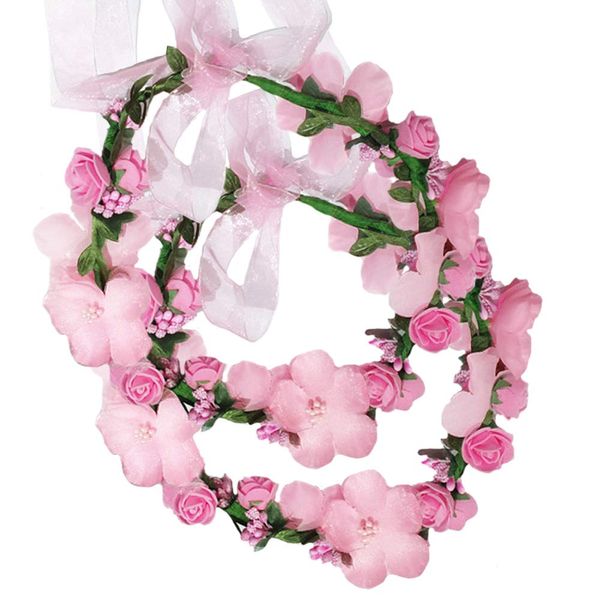 Flower Crown Headband Wreath Garland Hair Bands Floral Wedding Bridal Hair Hoop Women Leaf Ribbon Party Decoration Headdress Headwear Christmas Handmade Headpiece Hair Accessories 2 Pack Pink